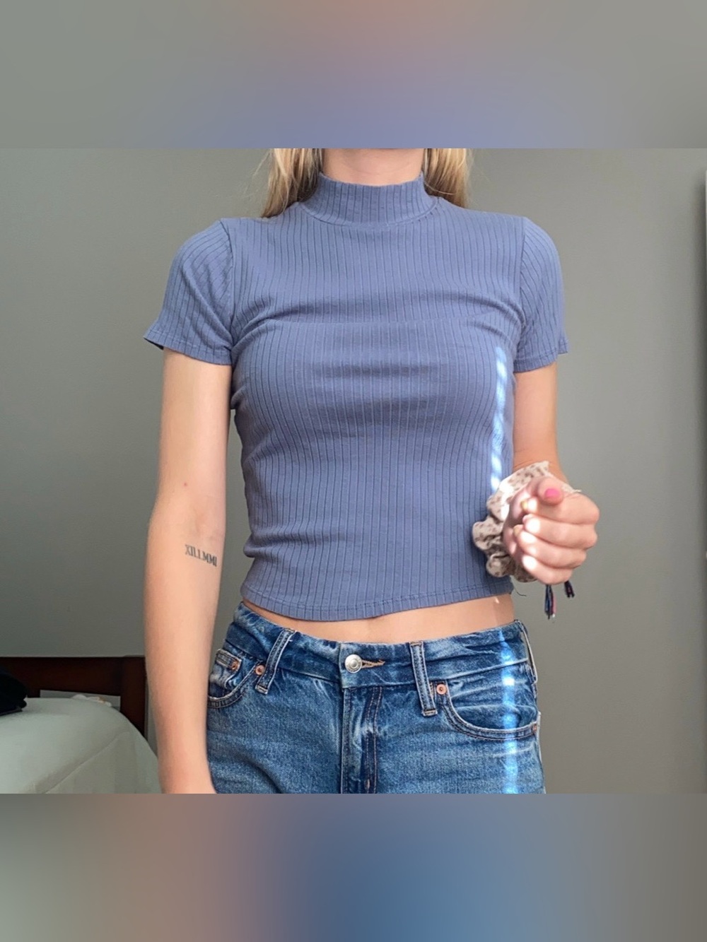 Heart Hips Ribbed Mock Neck Crop Top - Dusty Blue